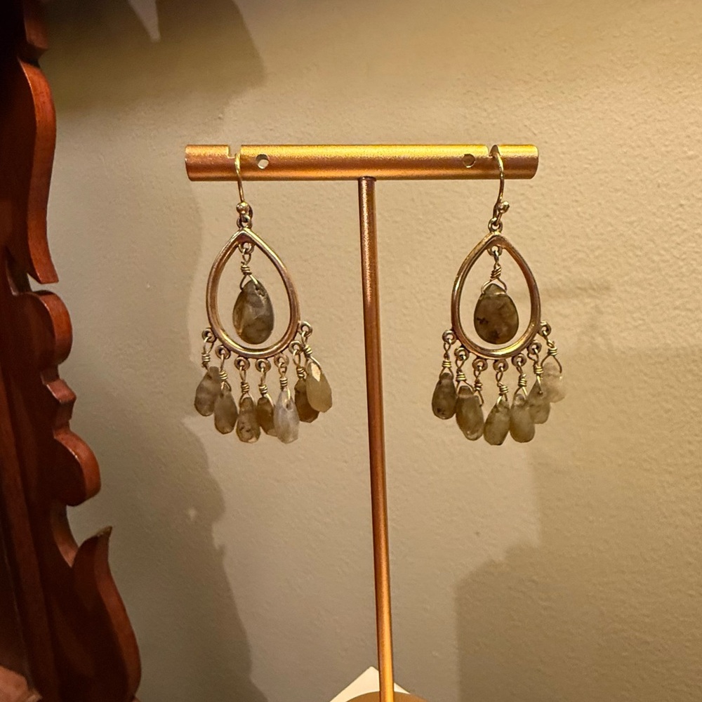 Vintage Antique Gold and Gray/Green Chandelier Teardrop Earrings - Picture 2 of 7